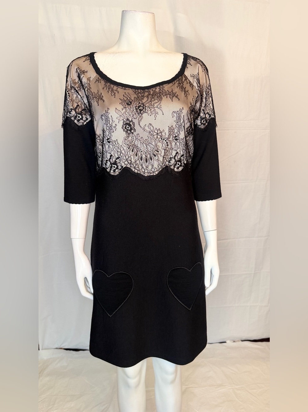 Blumarine Black Lace Yoke Long Sleeve Shift Dress